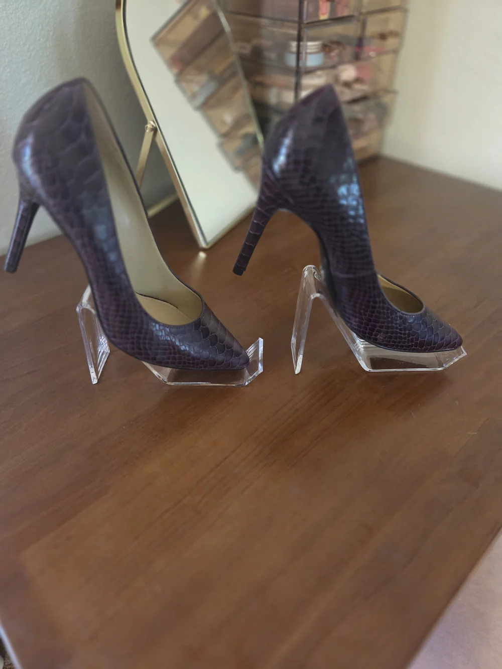 Michael Kors Plum Snakeskin-Embossed Pointed Toe Pumps